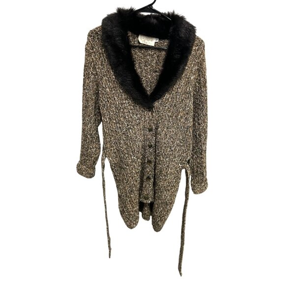 Vintage Cache Brown Faux Fur Collar Button-Up Knit Belted Cardigan Sweater Sz S - Picture 1 of 10